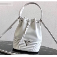 Top Design Prada Leather Bucket Bag 1BH038 White