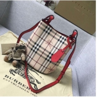 Inexpensive BURBERRY Banner small vintage check and leather tote Bag 9657 red