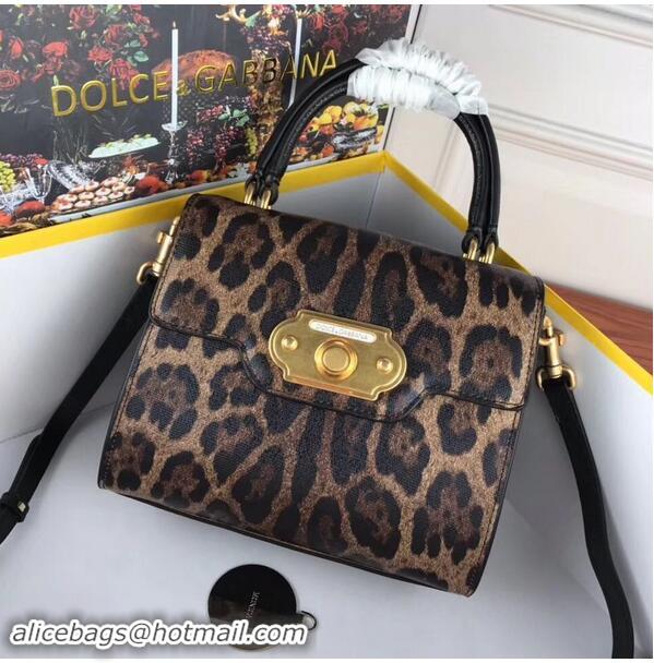 Imitation Charming Dolce & Gabbana Leopard Leather Top Handle Bag DG8588 Brown