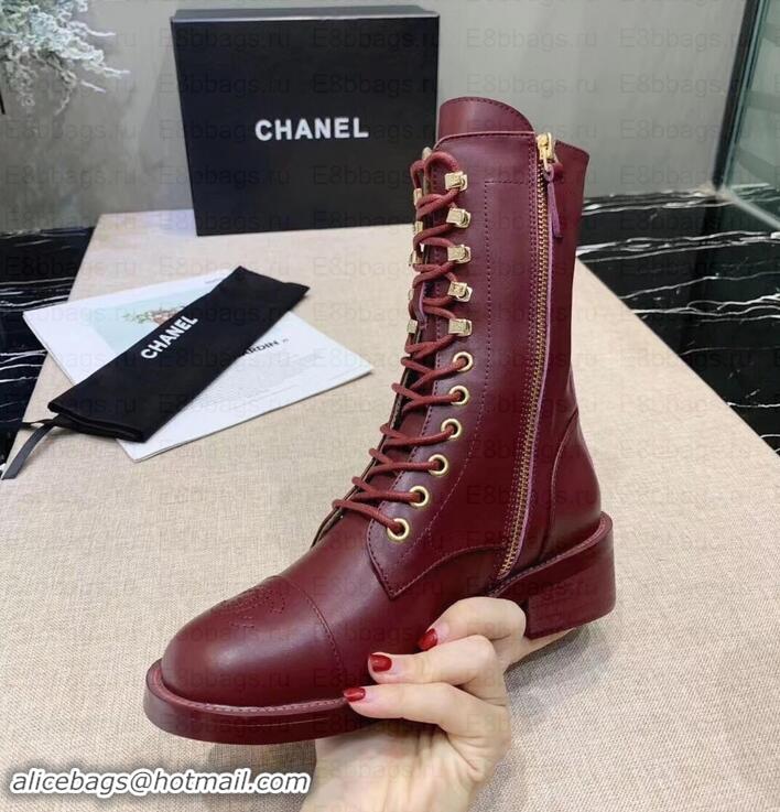 Stylish Chanel Calfskin Lace-Ups Boots G34953 Burgundy 2019