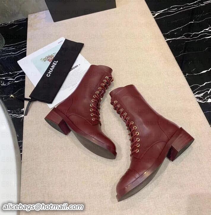 Stylish Chanel Calfskin Lace-Ups Boots G34953 Burgundy 2019