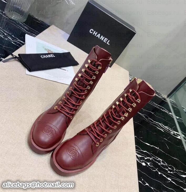 Stylish Chanel Calfskin Lace-Ups Boots G34953 Burgundy 2019