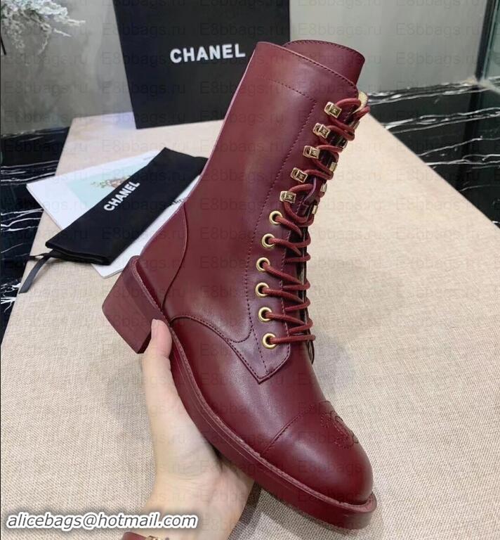 Stylish Chanel Calfskin Lace-Ups Boots G34953 Burgundy 2019