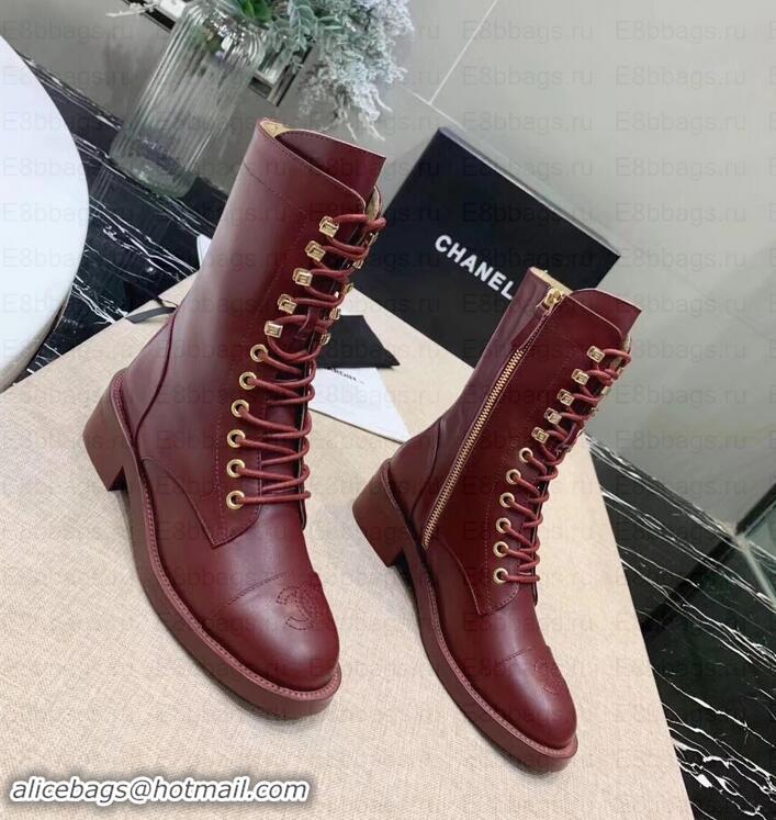 Stylish Chanel Calfskin Lace-Ups Boots G34953 Burgundy 2019