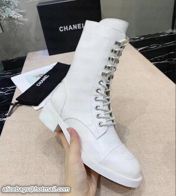 Most Popular Chanel Calfskin Lace-Ups Boots G34953 White 2019