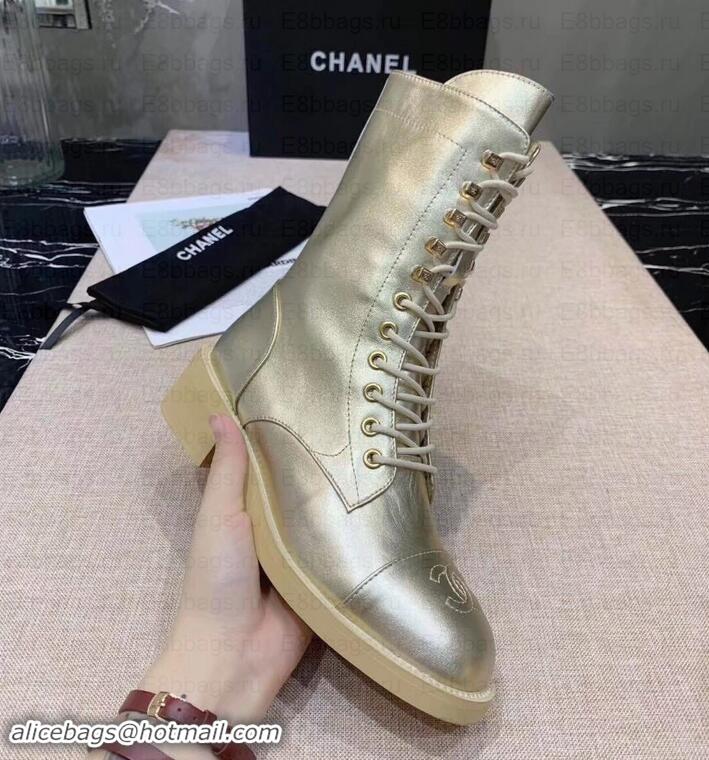 Discount Chanel Calfskin Lace-Ups Boots G34953 Metallic Gold 2019