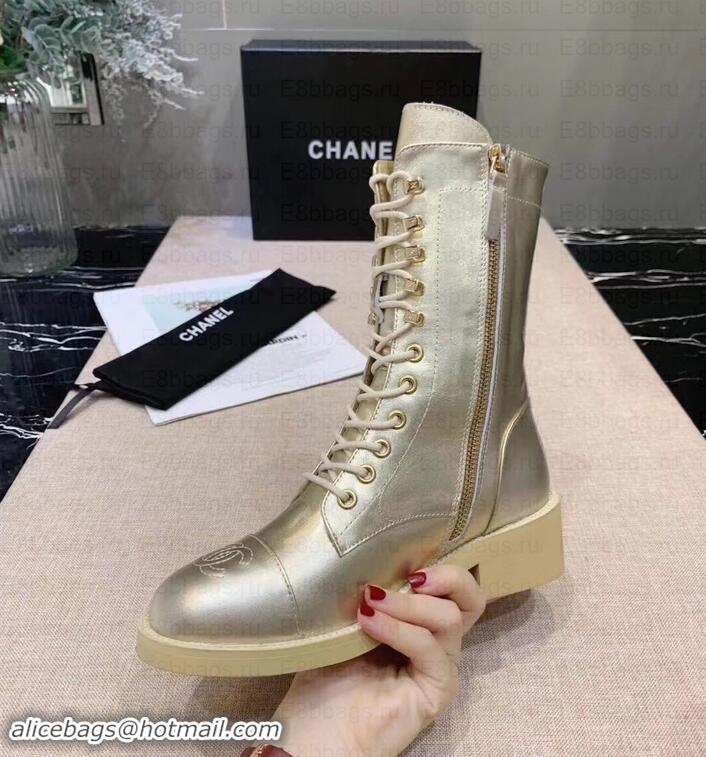 Discount Chanel Calfskin Lace-Ups Boots G34953 Metallic Gold 2019