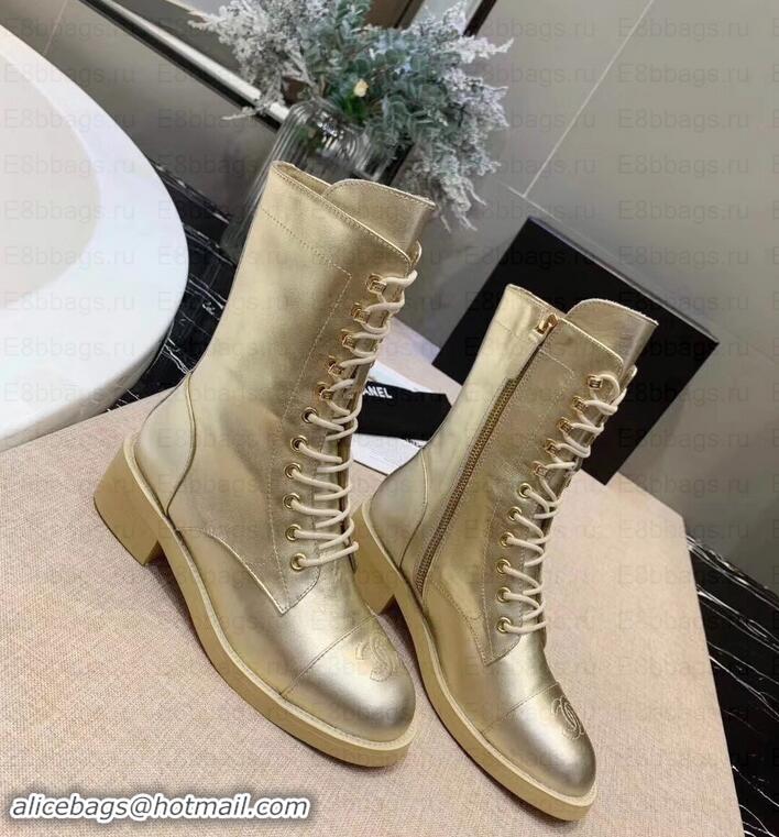 Discount Chanel Calfskin Lace-Ups Boots G34953 Metallic Gold 2019