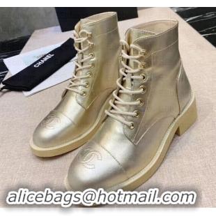 Luxury Chanel Calfskin Lace-Ups Ankle Boots G34956 Metallic Gold