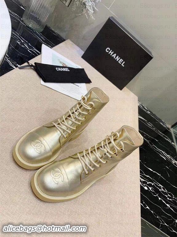 Luxury Chanel Calfskin Lace-Ups Ankle Boots G34956 Metallic Gold