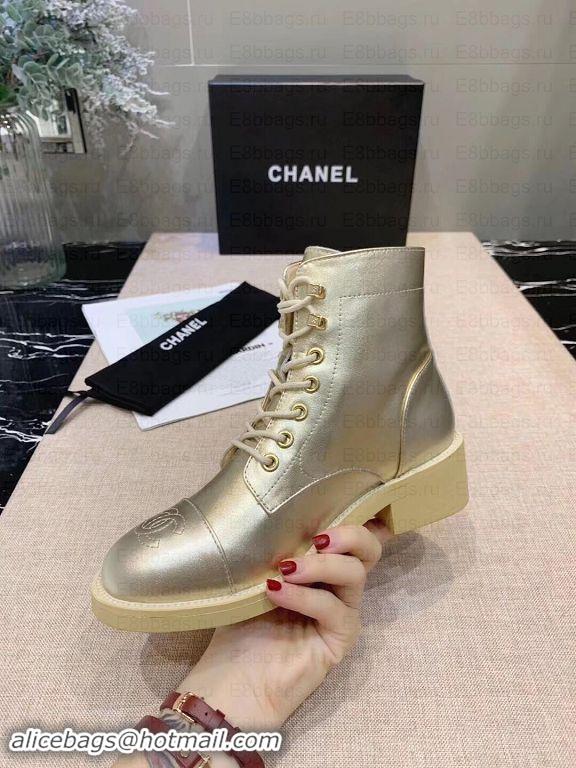 Luxury Chanel Calfskin Lace-Ups Ankle Boots G34956 Metallic Gold