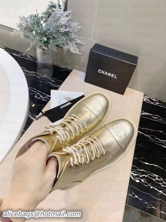 Luxury Chanel Calfskin Lace-Ups Ankle Boots G34956 Metallic Gold