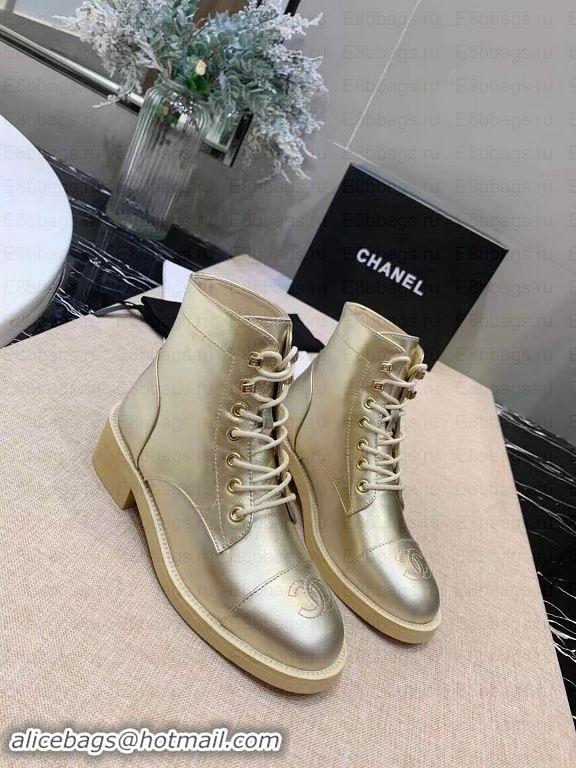 Luxury Chanel Calfskin Lace-Ups Ankle Boots G34956 Metallic Gold