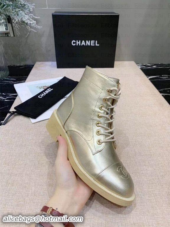 Luxury Chanel Calfskin Lace-Ups Ankle Boots G34956 Metallic Gold