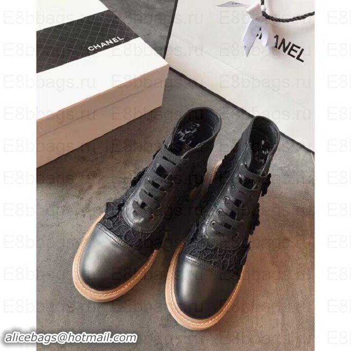 Hot Style Chanel Camellia Embroidery Lace-Ups G34862 Black 2019