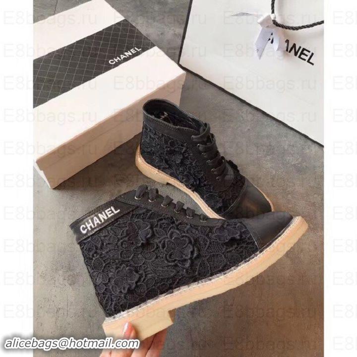 Hot Style Chanel Camellia Embroidery Lace-Ups G34862 Black 2019