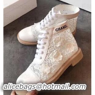 Good Quality Chanel Camellia Embroidery Lace-Ups G34862 White 2019