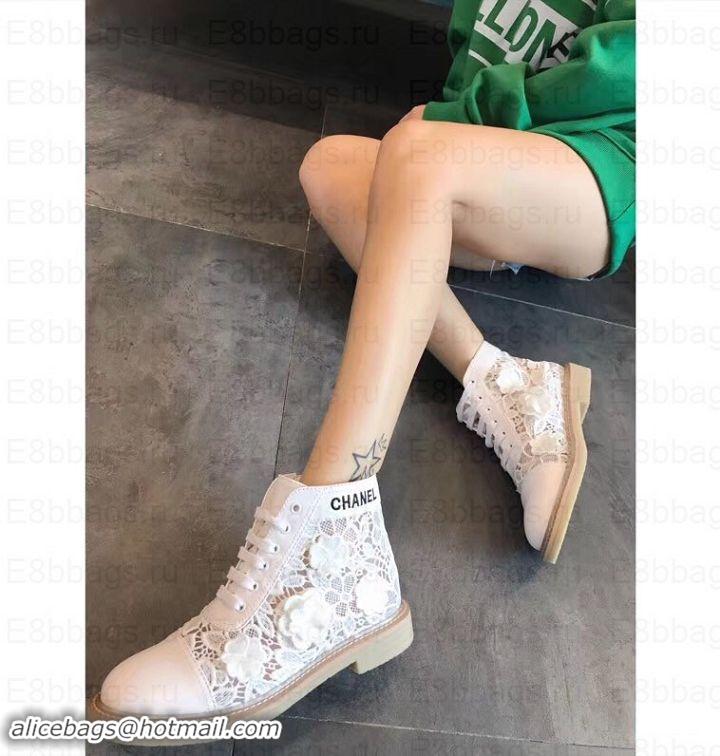 Good Quality Chanel Camellia Embroidery Lace-Ups G34862 White 2019