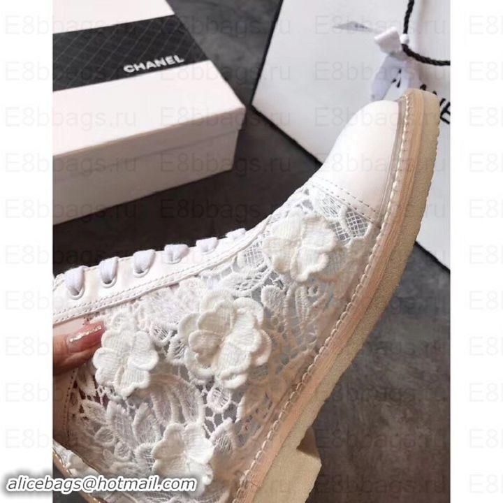 Good Quality Chanel Camellia Embroidery Lace-Ups G34862 White 2019