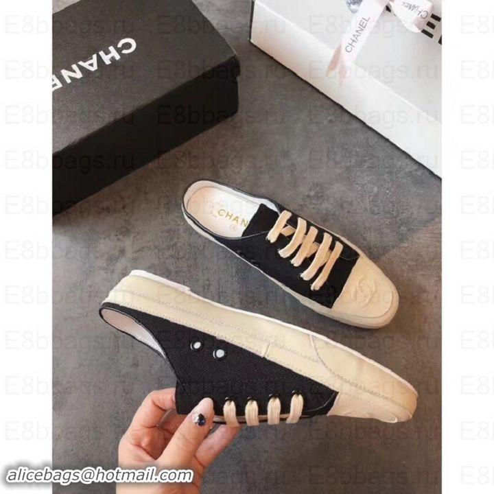 Top Grade Chanel Canvas CC Logo Open-back Sneakers G348661 Black 2019