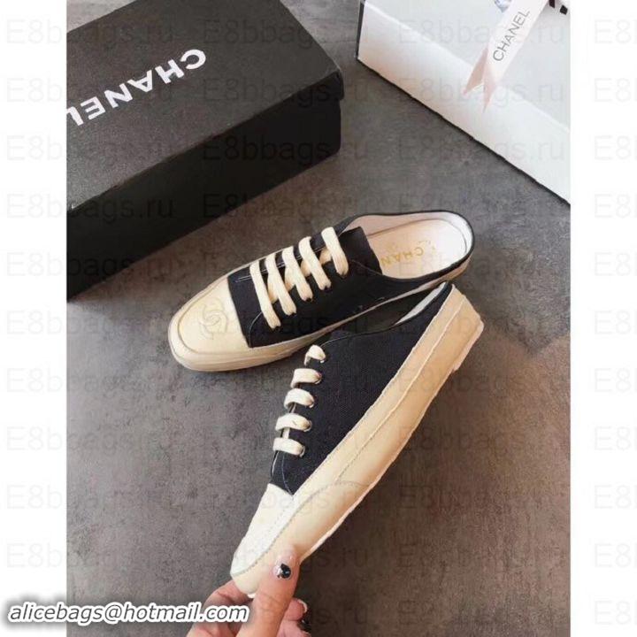 Top Grade Chanel Canvas CC Logo Open-back Sneakers G348661 Black 2019