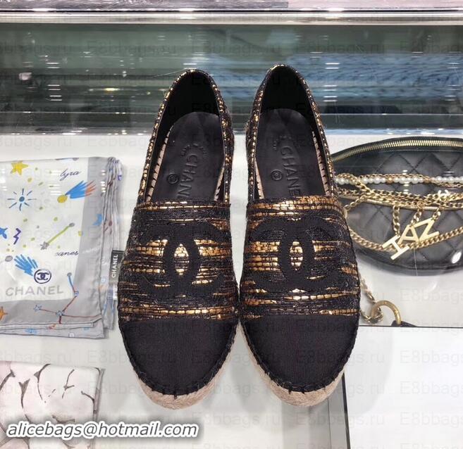 Luxury Chanel Tweed and Grosgrain Espadrilles G29762 Black/Gold 2019