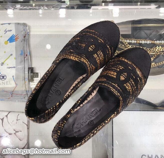 Luxury Chanel Tweed and Grosgrain Espadrilles G29762 Black/Gold 2019