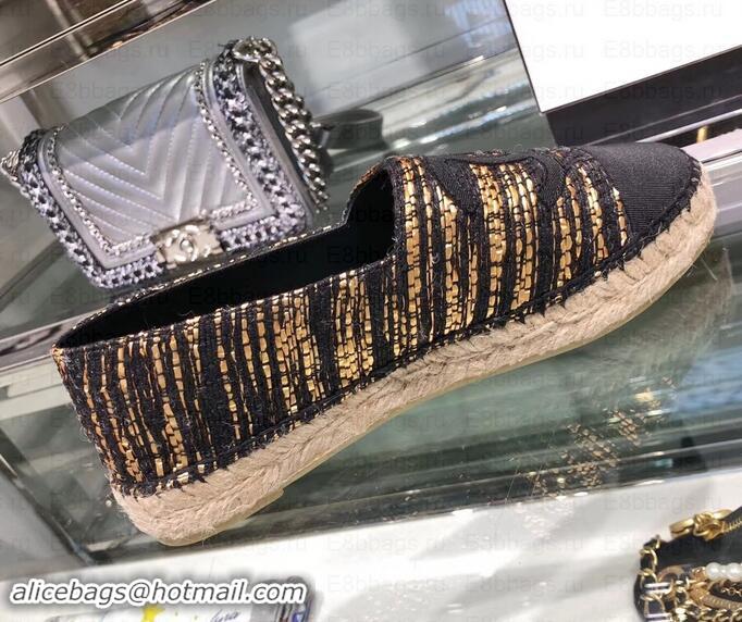 Luxury Chanel Tweed and Grosgrain Espadrilles G29762 Black/Gold 2019