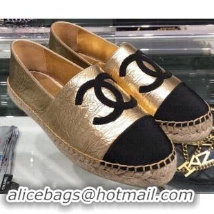 Top Design Chanel Leather and Grosgrain Espadrilles G29762 Black/Crinkled Gold 2019