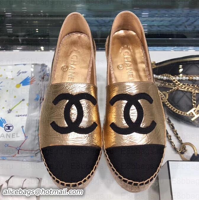 Top Design Chanel Leather and Grosgrain Espadrilles G29762 Black/Crinkled Gold 2019