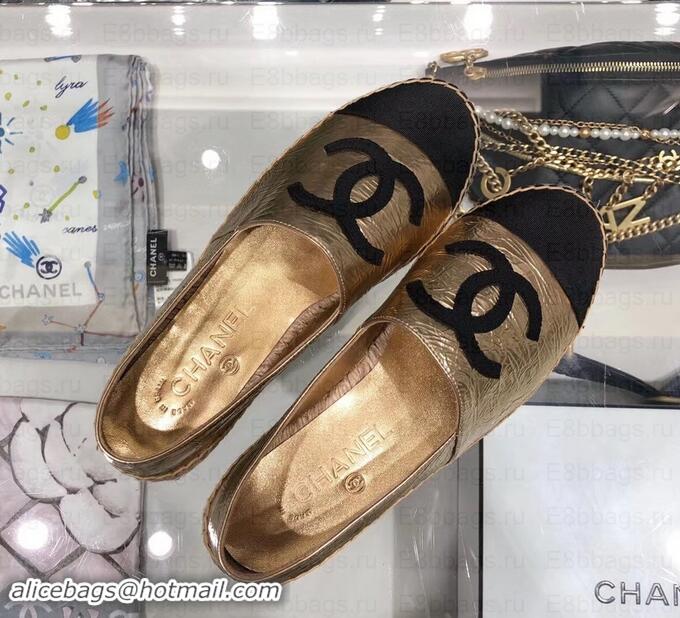 Top Design Chanel Leather and Grosgrain Espadrilles G29762 Black/Crinkled Gold 2019