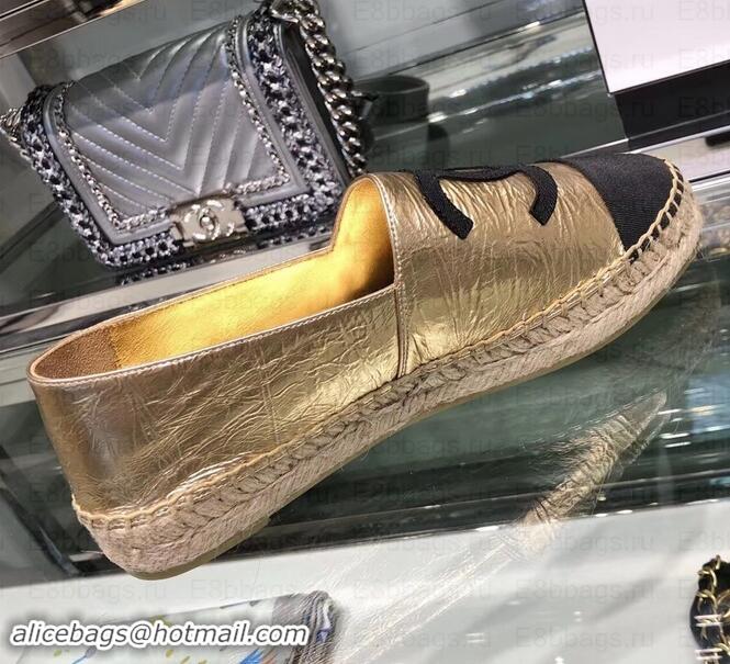 Top Design Chanel Leather and Grosgrain Espadrilles G29762 Black/Crinkled Gold 2019