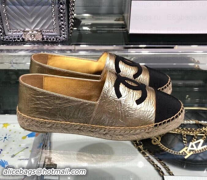 Top Design Chanel Leather and Grosgrain Espadrilles G29762 Black/Crinkled Gold 2019