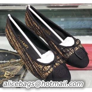 Best Price Chanel Tweed and Grosgrain Classic Bow Ballerinas Flats G02819 Black/Gold 2019