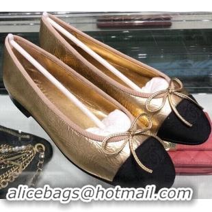 Best Price Chanel Tweed and Grosgrain Classic Bow Ballerinas Flats G02819 Black/Crinkled Gold 2019