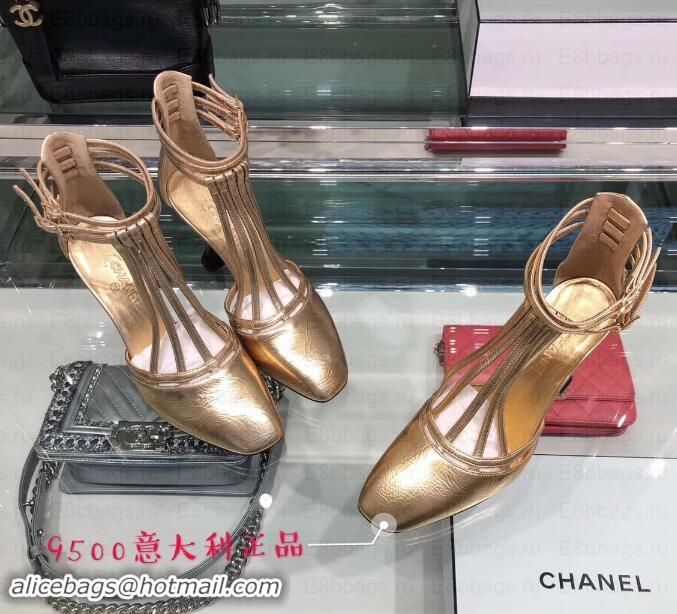 Best Grade Chanel Heel 9cm Laminated Lambskin Sandals G34886 Gold 2019