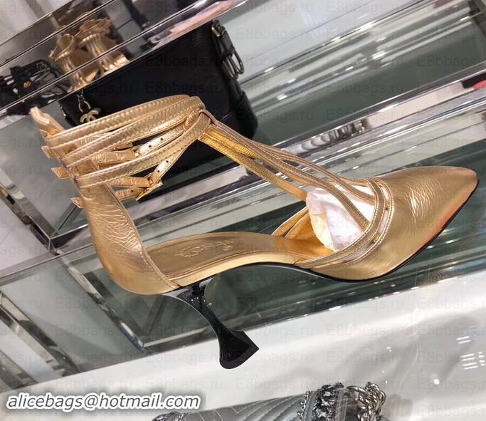 Best Grade Chanel Heel 9cm Laminated Lambskin Sandals G34886 Gold 2019