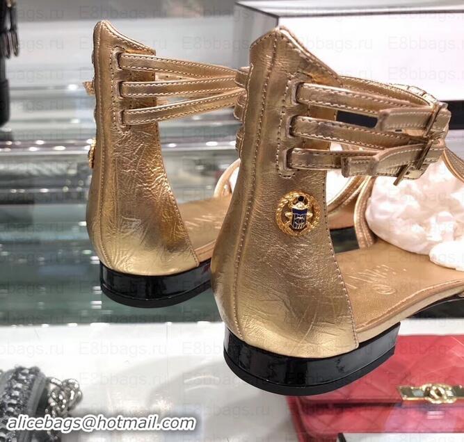 Low Price Chanel Heel 2cm Laminated Lambskin Sandals G35047 Gold 2019