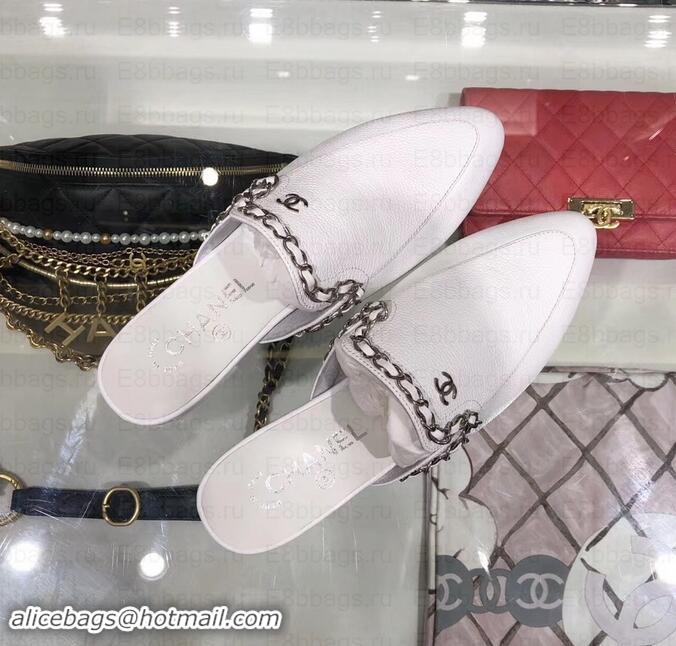 Classic Hot Chanel Chain Around Mules Slippers Sandals G34926 White 2019