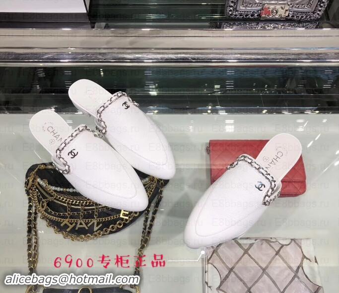 Classic Hot Chanel Chain Around Mules Slippers Sandals G34926 White 2019