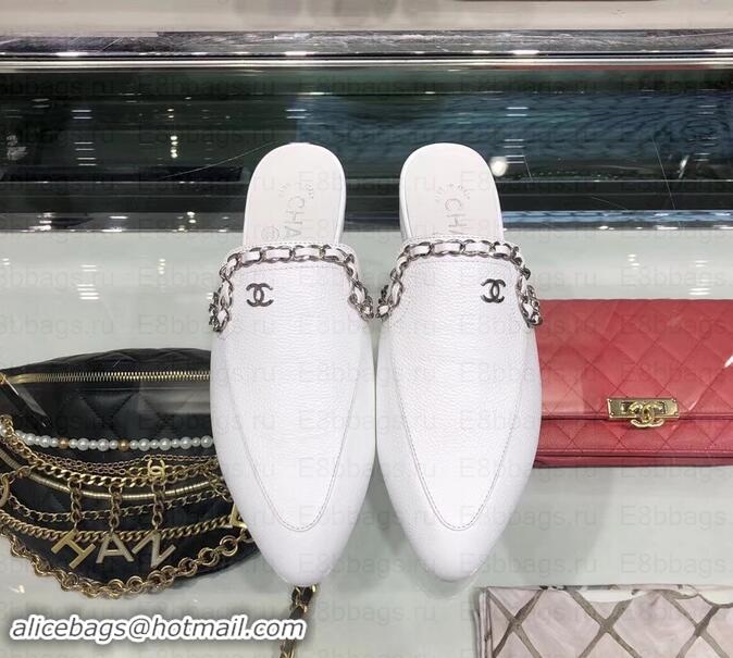 Classic Hot Chanel Chain Around Mules Slippers Sandals G34926 White 2019