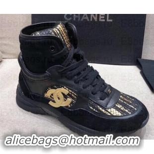 Fashion Chanel CC Logo High-top Sneakers G35060 Black/Gold 2019