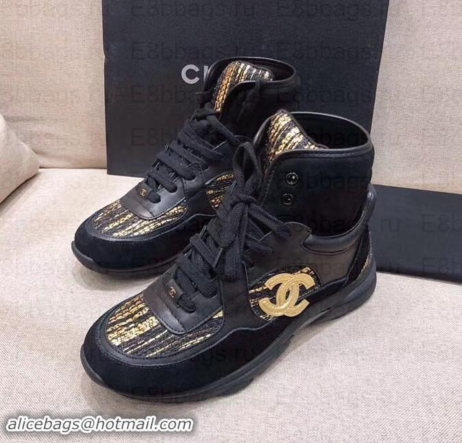 Fashion Chanel CC Logo High-top Sneakers G35060 Black/Gold 2019