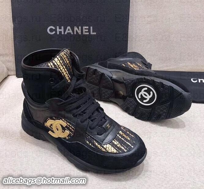 Fashion Chanel CC Logo High-top Sneakers G35060 Black/Gold 2019