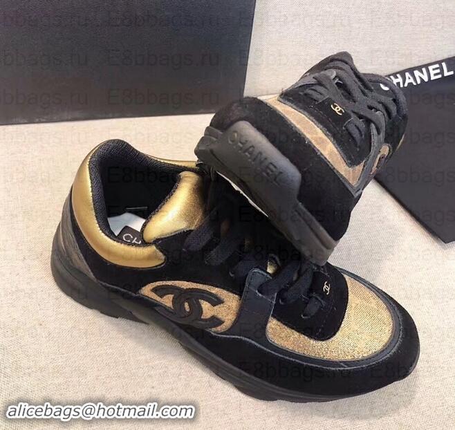 Luxury Cheap Chanel CC Logo Sneakers G34360 Black/Gold 2019