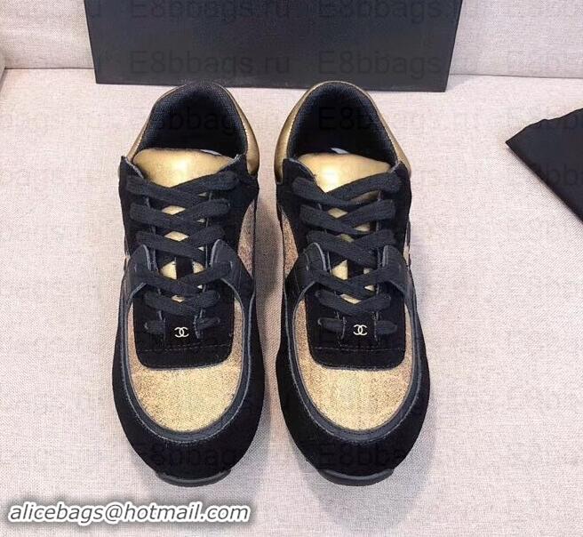 Luxury Cheap Chanel CC Logo Sneakers G34360 Black/Gold 2019