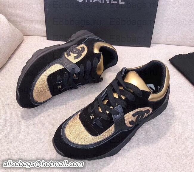 Luxury Cheap Chanel CC Logo Sneakers G34360 Black/Gold 2019