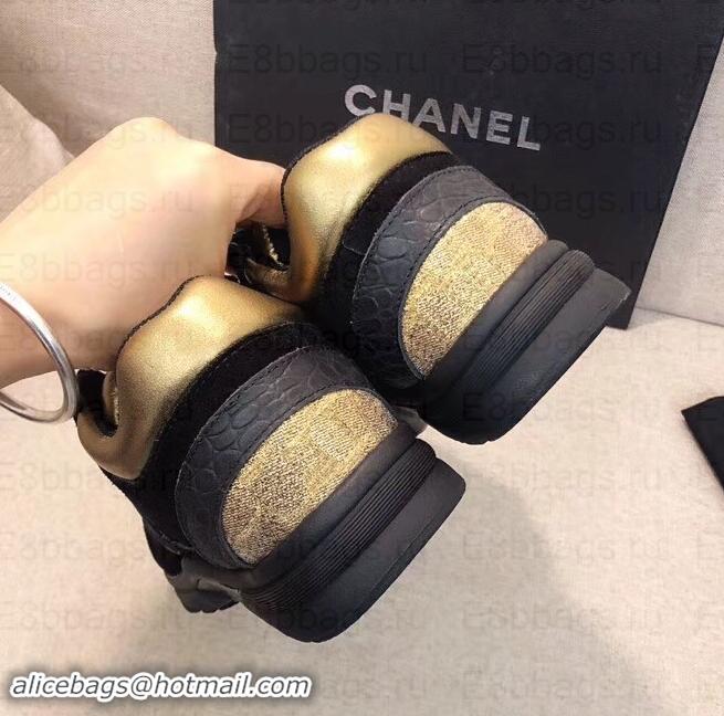 Luxury Cheap Chanel CC Logo Sneakers G34360 Black/Gold 2019