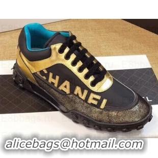 Good Quality Chanel Logo Metallic Lambskin and Fabric Sneakers G34086 Gold/Black/Bronze 2019