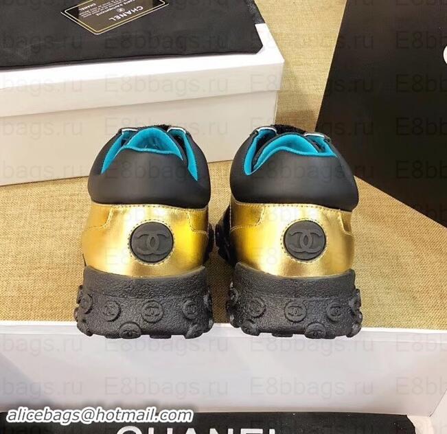 Good Quality Chanel Logo Metallic Lambskin and Fabric Sneakers G34086 Gold/Black/Bronze 2019